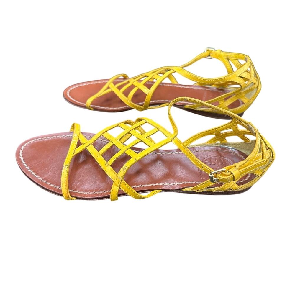 Tory Burch Amalie Flat Sandal HOT Color Season 8 Yellow Leather Open Toe Summer - Picture 3 of 8